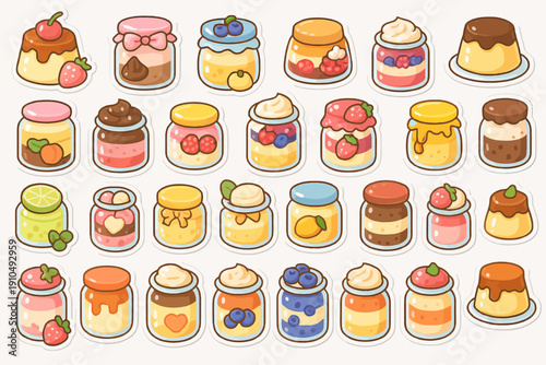 Colorful cartoon dessert jars and puddings with fruits and toppings