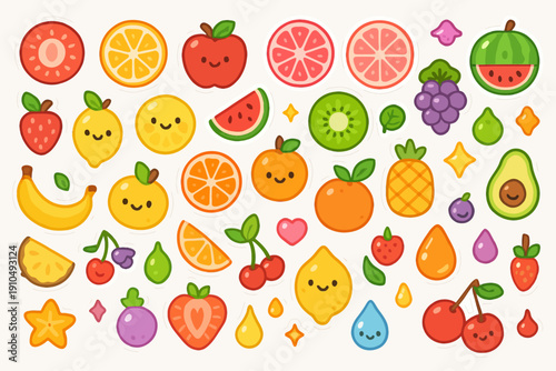Cute cartoon fruit stickers with happy faces and vibrant colors