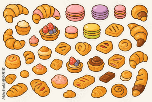 Assorted colorful pastries and sweets: croissants, macarons, tarts, and more