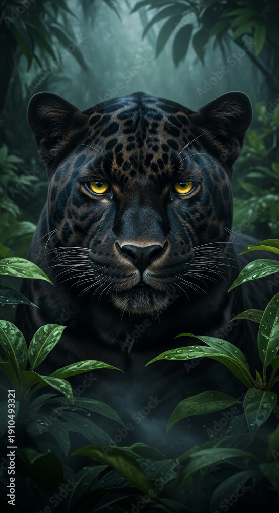 Obraz premium Portrait of black panther with yellow eyes among foliage, emphasizing wild animal strength, agility, and a connection to untamed wilderness