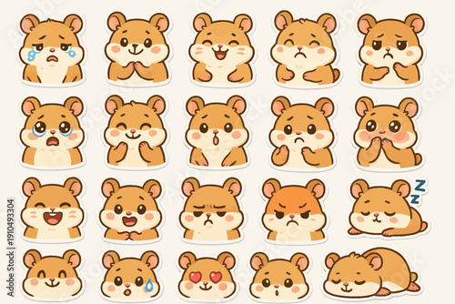 Cute cartoon hamsters displaying various emotions with adorable expressions
