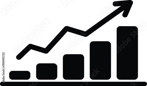 Business growth bar chart and upward arrow icon representing financial success, economic recovery, profit increase, market data analysis, and corporate progress.