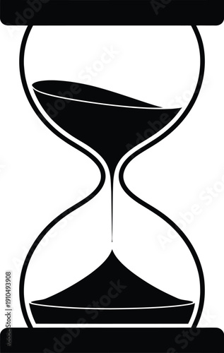 Black and white hourglass icon with flowing sand, symbol of time management, deadline, urgency, passing time, isolated on white background