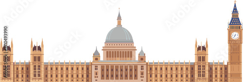 London city landmark illustration featuring Big Ben and historic architecture, detailed panoramic vector design isolated on white background