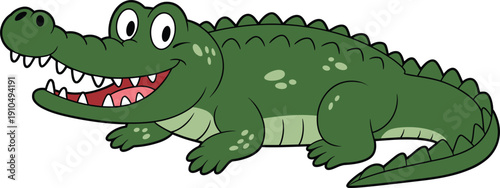 Cute smiling cartoon crocodile vector illustration with big teeth, friendly green alligator character isolated on white background