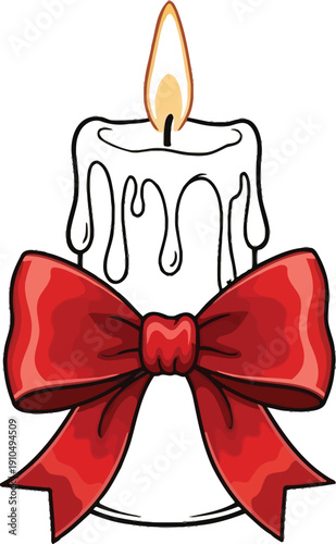 Simple cartoon illustration of a single white pillar candle richly decorated with a large bright red festive bow for celebration or holiday decoration