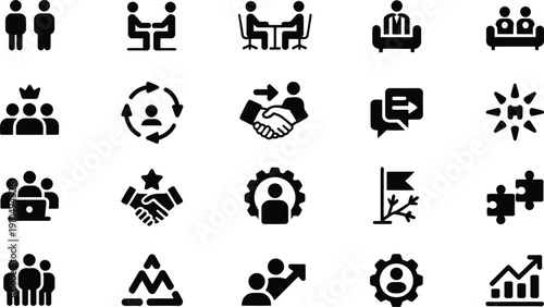 A set of 20 black and white business and teamwork icons for presentations, websites, and design projects