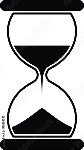 Minimalist black and white hourglass vector icon, representing time management, urgent deadlines, historical measurement, sand flowing, waiting, and fleeting moments.