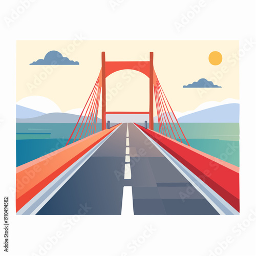 Vibrant suspension bridge spanning tranquil waters under a sunny sky, symbolizing connection and journey across a scenic landscape