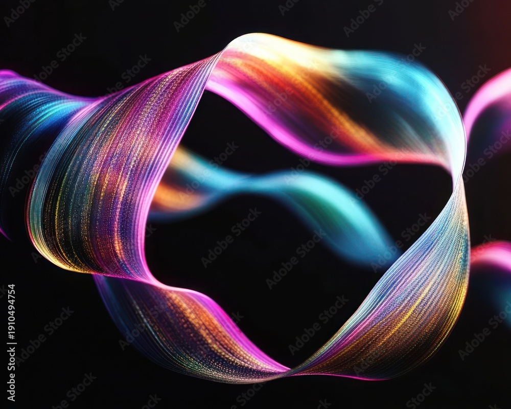 Fototapeta premium vibrant multicolored shimmering ribbon waves twisting in motion on a dark background conveying dynamic energy and fluid elegance