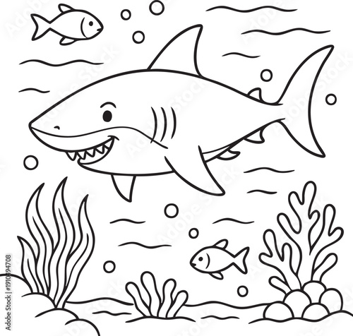 blackwhite ,colorbook, ilustrasion, drwaing,  shap, ikan hiu