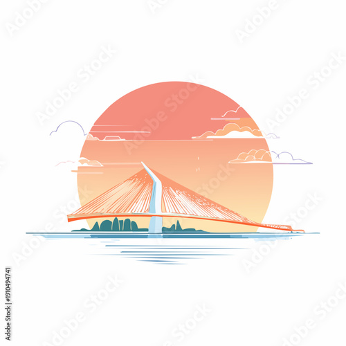 Modern suspension bridge at sunset with colorful sky and clouds, urban landscape