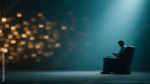 Digital solitude: A lone figure sits in a chair, engrossed in a device, symbolizing the intersection of technology and human experience. Captured in a mysterious atmosphere.