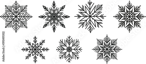 Collection of seven intricately detailed black and white stylized snowflake vector icons perfect for holiday season design projects and winter themed celebrations