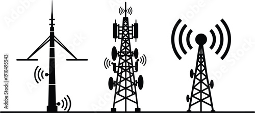 Silhouette cellular communication towers with wireless signal waves, radio and telecom antenna masts isolated on gray background, modern telecommunication technology vector illustration