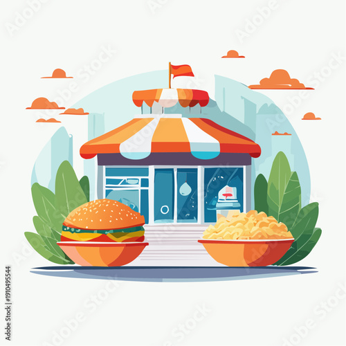 Colorful fast food restaurant with a delicious burger and popcorn, perfect for quick and satisfying meals