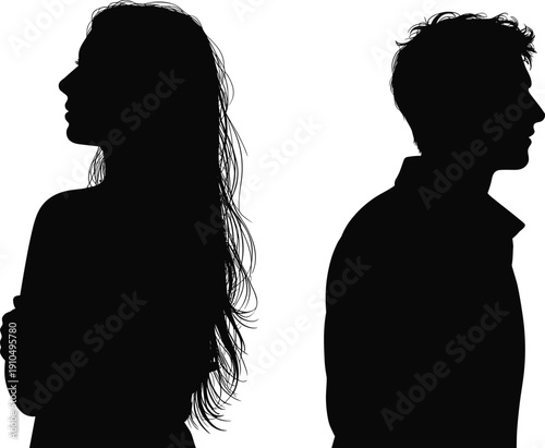 Silhouette of Man and Woman Standing Back to Back in Profile, Relationship Conflict Concept Isolated on White Background for Social and Emotional Themes