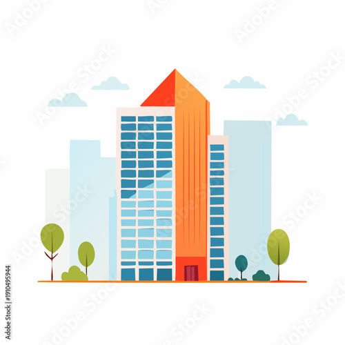 Modern Cityscape with Tall Buildings and Trees under a Cloudy Sky