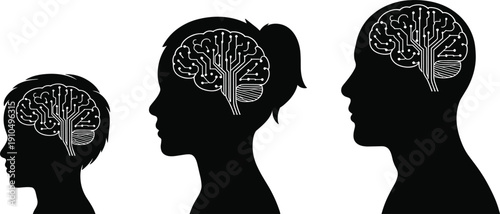 Human brain development stages, child woman man head silhouettes with digital circuit brain illustration, artificial intelligence concept, cognitive growth vector design