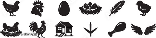 Chicken and Poultry Farm Icons Set – 12 Black Silhouette Symbols on White