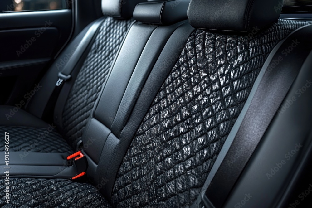 Obraz premium Luxurious rear car seats with quilted black leather upholstery, headrests, seat belts and red buckles evoking comfort and modern elegance