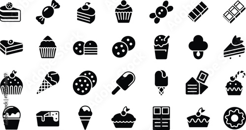 Sweet dessert and candy black silhouette icons set, bakery pastry chocolate ice cream cupcake cookie vector illustration collection isolated on white