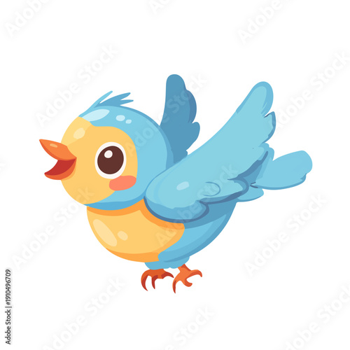 Cute flying blue bird vector illustration. Happy cartoon songbird with spread wings and yellow belly isolated on white. Sweet character for kids.