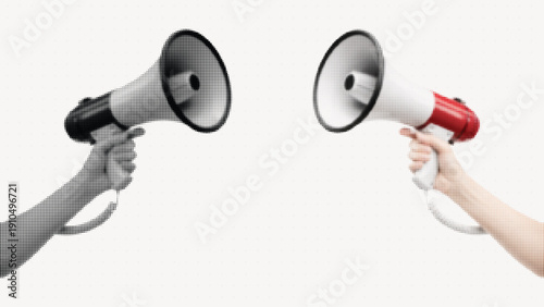 Halftone Megaphone in Hand, Announcement and Protest Communication Vector Illustration