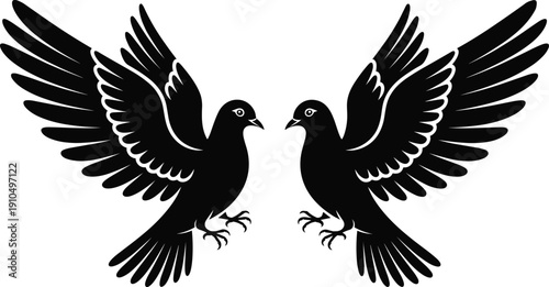 Two Black Dove Silhouettes Facing Each Other with Spread Wings, Symmetrical Vector Illustration Isolated on White Background for Love, Peace, Tattoo Design