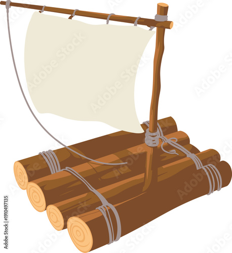 Wooden raft with sail vector illustration, simple cartoon survival boat isolated on white background nautical adventure concept
