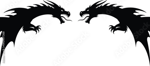 Two Fierce Dragon Silhouettes Facing Each Other Fantasy Mythical Creatures Vector Illustration Isolated on White Background for Tattoo Logo and Design