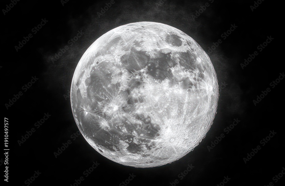 Fototapeta premium detailed full moon with bright craters, radiant surface and subtle smoky halo against a deep dark sky, evoking calm awe and quiet wonder