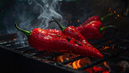 Crédence de cuisine  Grilled Red Chili Peppers on Fire with Smoke and Water Drops  © NurbaniRa