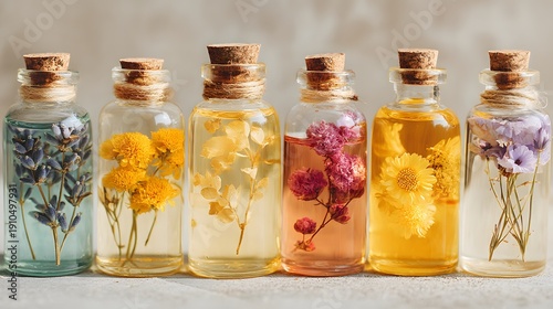 A row of glass vases filled with different colored flowers