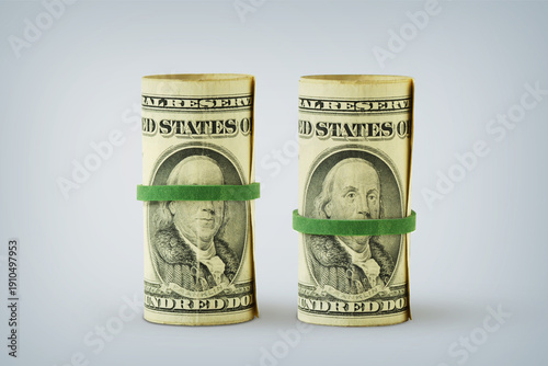 Dollar banknotes with green rubber bands covering eyes and mouth - Concept of money and illegality