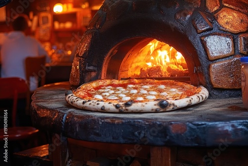 fresh cheese and tomato pizza on the stone mouth of a wood-fired oven with glowing flames, warm cozy rustic pizzeria interior and blurred diners in background