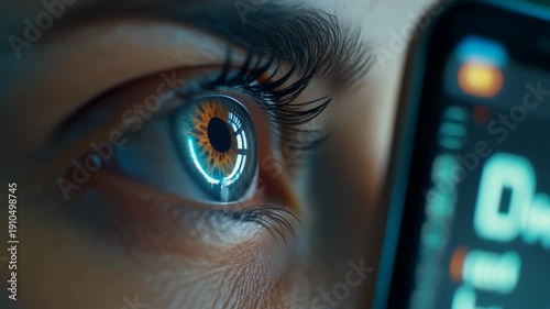 Close up eye reflecting a bright smartphone screen symbolizing modern digital fatigue and constant visual overload in life