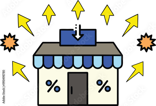 Retro pixel gift shop glowing with directional discount arrows