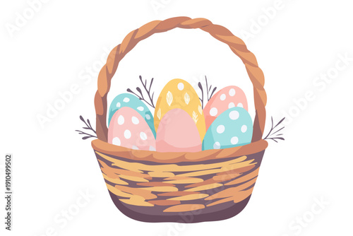 Wicker basket with colorful Easter eggs vector illustration. Traditional hamper with decorated pastel eggs and twigs isolated on white background.