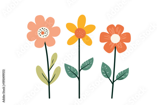 Three simple vector wild flowers. Hand-drawn meadow blossoms with green leaves in flat style, isolated on white background. Spring floral design.