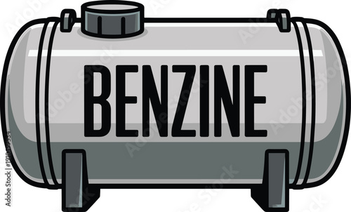Gray cylindrical container labeled Benzine with black and handles on both sides