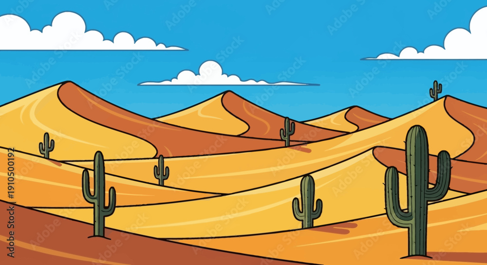 Fototapeta premium A bright and vibrant desert landscape with golden sand dunes and tall cacti scattered throughout, under a clear blue sky with fluffy white clouds