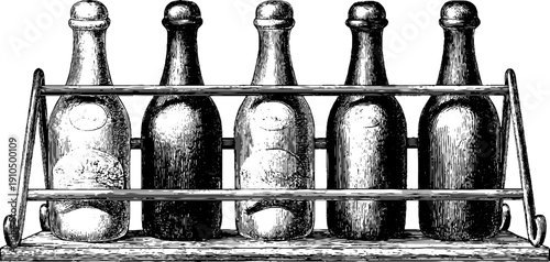 Vintage bottle rack and divider with rail - hand-drawn engraving for retro decor