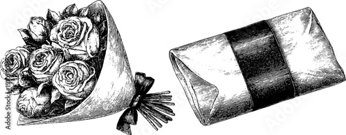 Floral bouquet and tissue paper wrap design - engraved vintage illustration for decorative uses