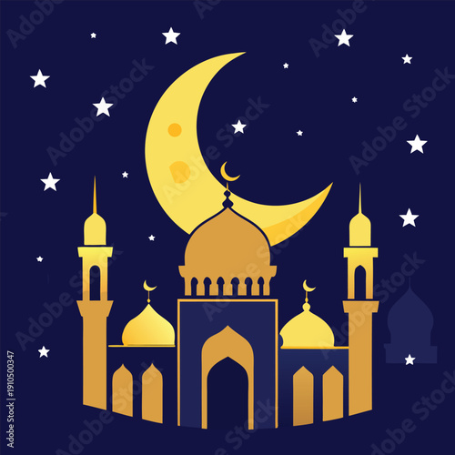 A vintage vector illustration of a mosque silhouette and city architecture at night for a cultural Eid Mubarak greeting card design featuring religious symbols and monuments