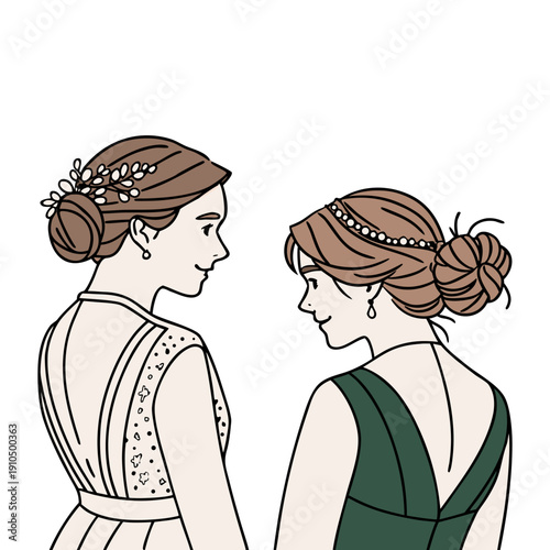 Elegant Bride and Bridesmaid Back View Hairstyle Wedding Fashion Illustration Vector.