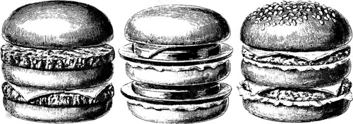 Vintage engraved illustration set of burger patties with black bold lines for retro design projects