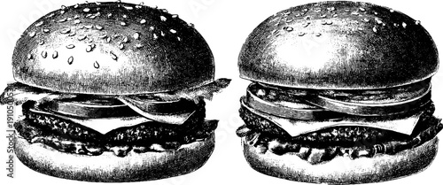 Vintage engraved burger wrapper design with bold black lines for retro culinary art