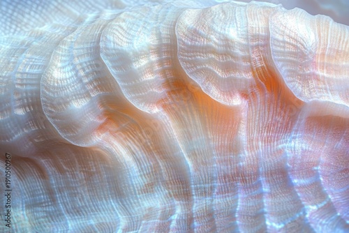 close-up of iridescent mother-of-pearl shell interior with wavy ridges and soft pastel sheen, calming and serene