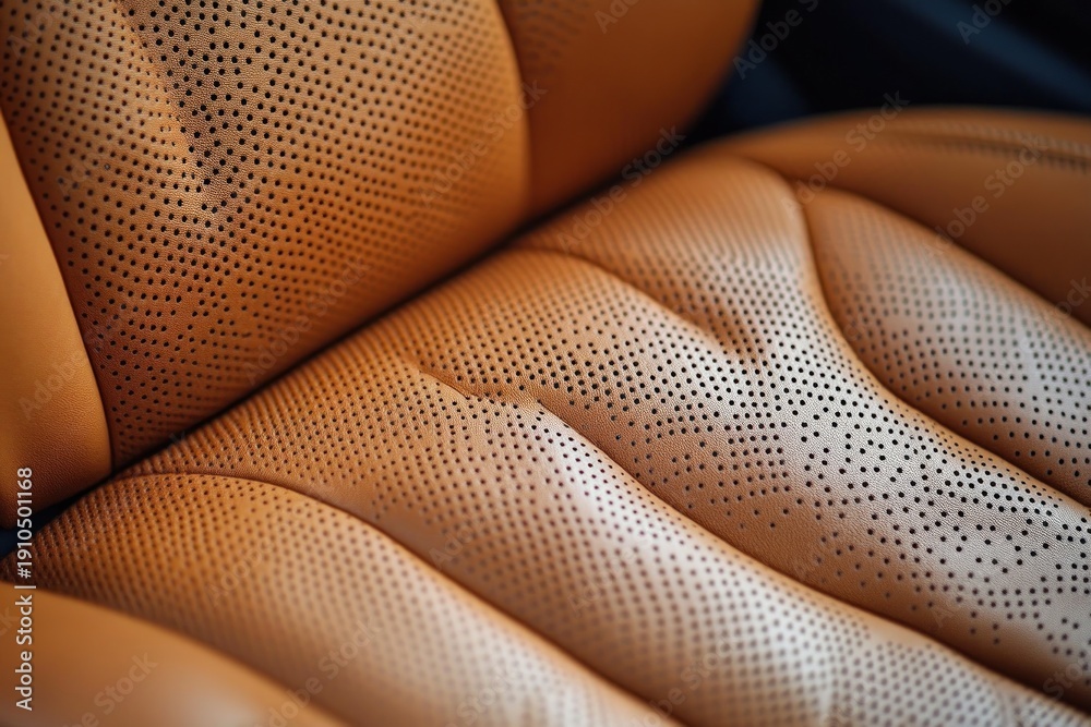 Obraz premium Close-up of perforated tan leather car seat upholstery with quilted stitching and plush inviting texture conveying luxury and comfort